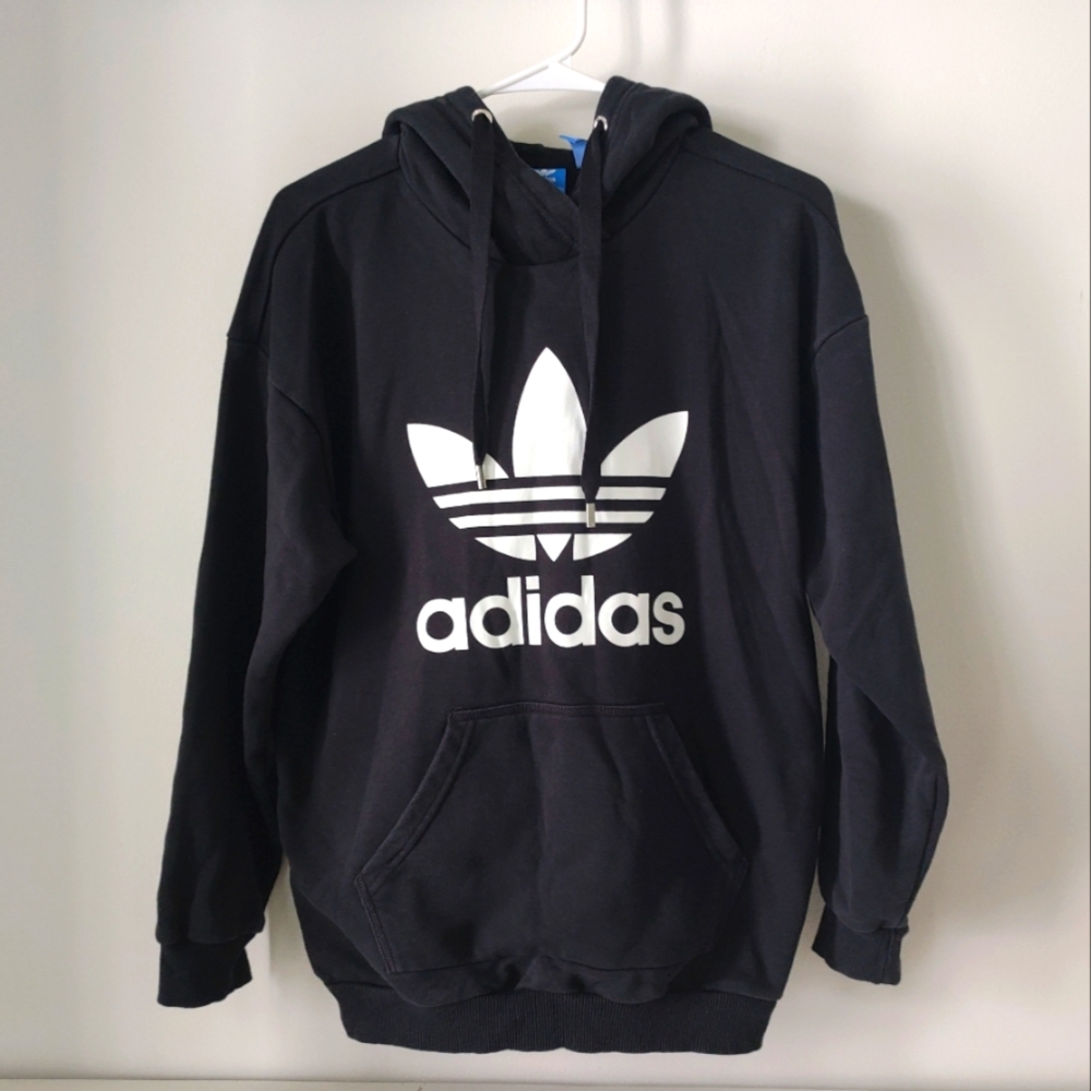 Adidas black oversized hooded sweater with large front logo - S